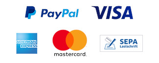 Logos der Zahlungsarten: PayPal, VISA, American Express, Mastercard, SEPA Lastschrift